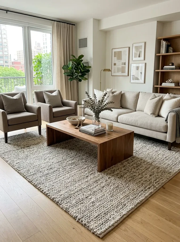 Large textured rug defining the living room seating arrangement with sofa, chairs, and coffee table