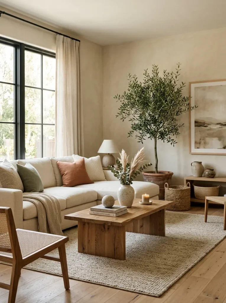 Living room with wood furniture, ceramic accents, woven textures, and large indoor plant for natural warmth