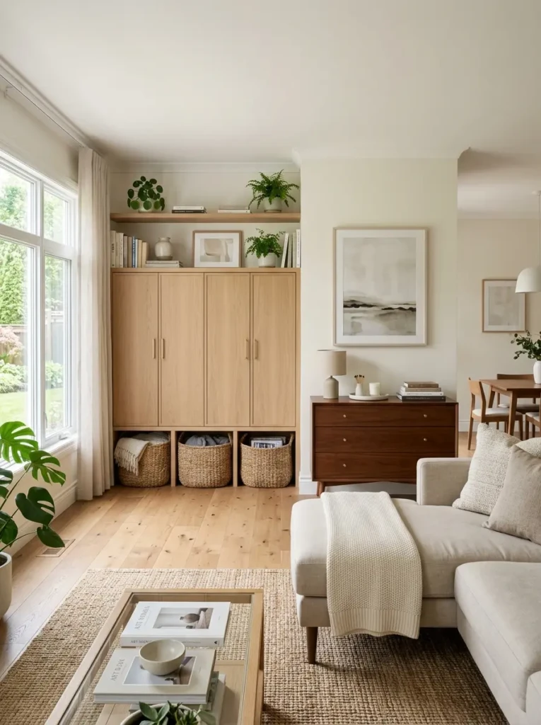 Organized living room with elegant storage cabinets, woven baskets, and clutter-free console styling