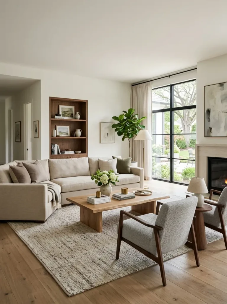 Stylish living room with a clear furniture layout, centered sofa, armchairs, and open traffic flow.