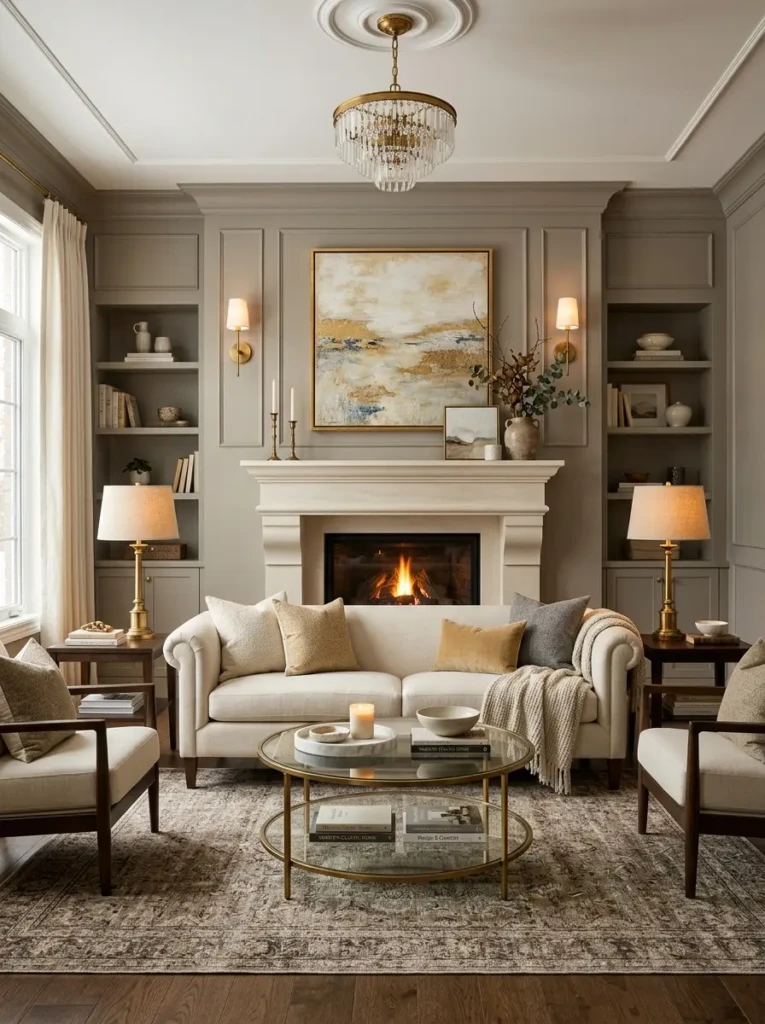 Elegant living room designed around a fireplace focal point with balanced seating and wall art.