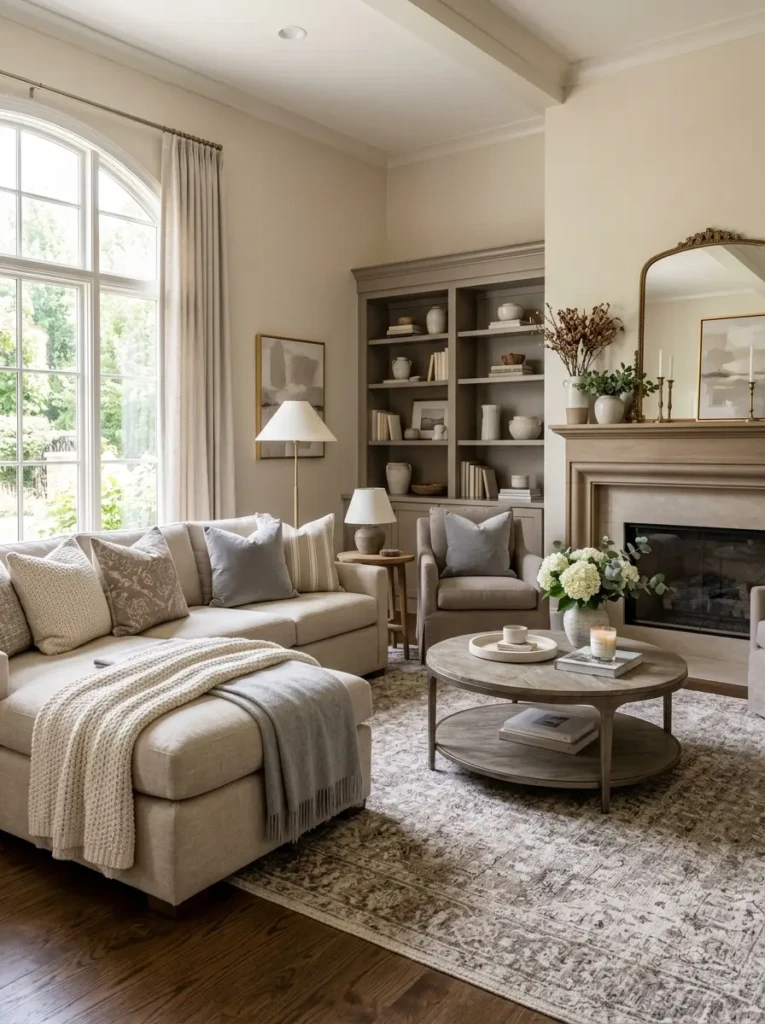 Beautiful living room styled with beige, taupe, white, and gray decor accents.