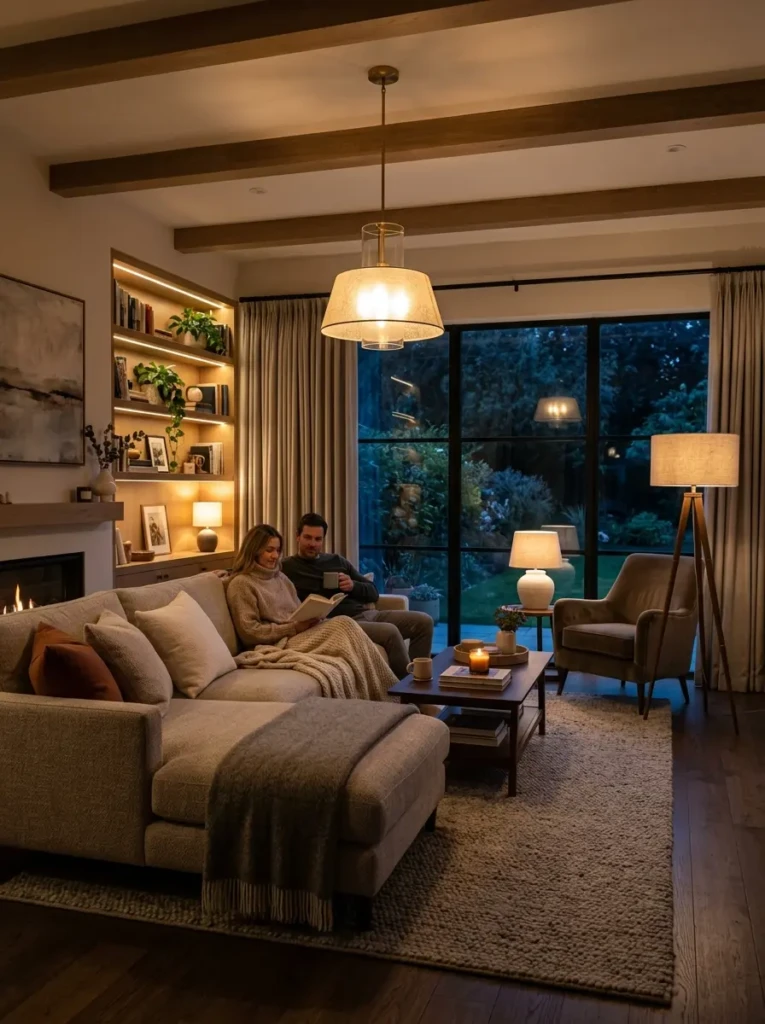 Warm living room with layered lighting from ceiling lights, table lamps, and floor lamps.
