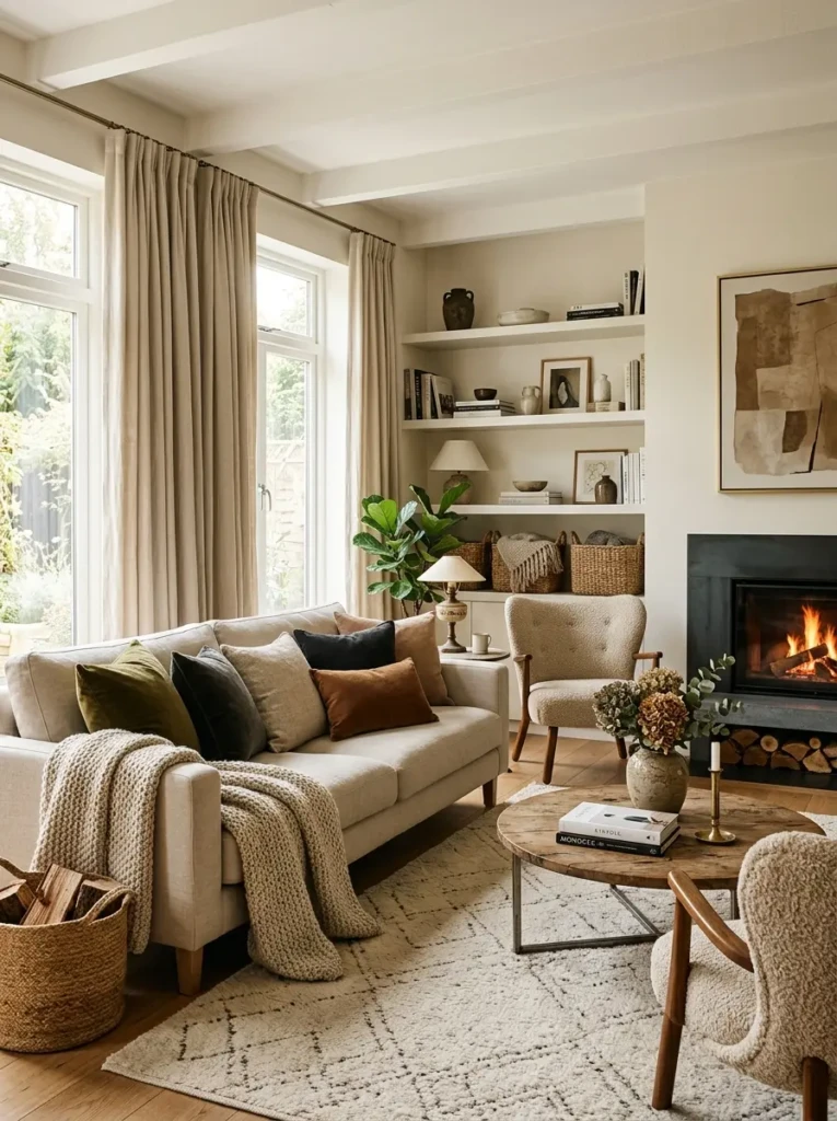 Modern living room with velvet cushions, linen curtains, knit throw, and woven baskets.