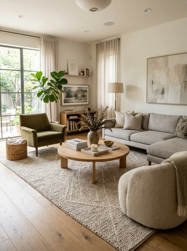 Modern living room with oversized rug defining the seating and coffee table area.