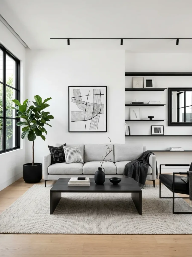 Elegant living room design with white walls and dark accents creating depth and visual interest