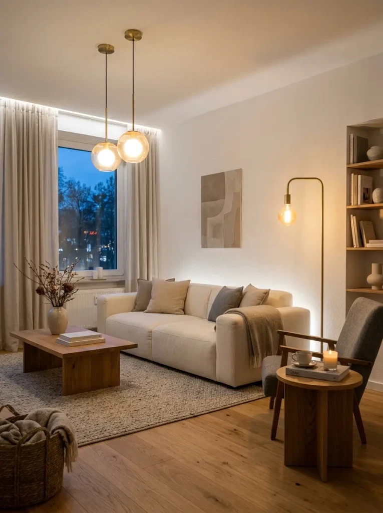 Elegant minimalist living room with soft ambient lighting, modern lamps, and warm glow