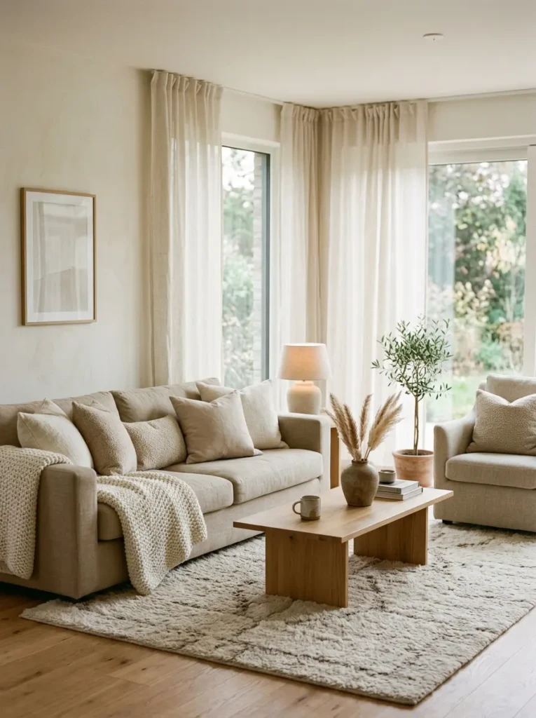 Minimalist living room with soft pillows, neutral rug, and light curtains adding comfort and warmth