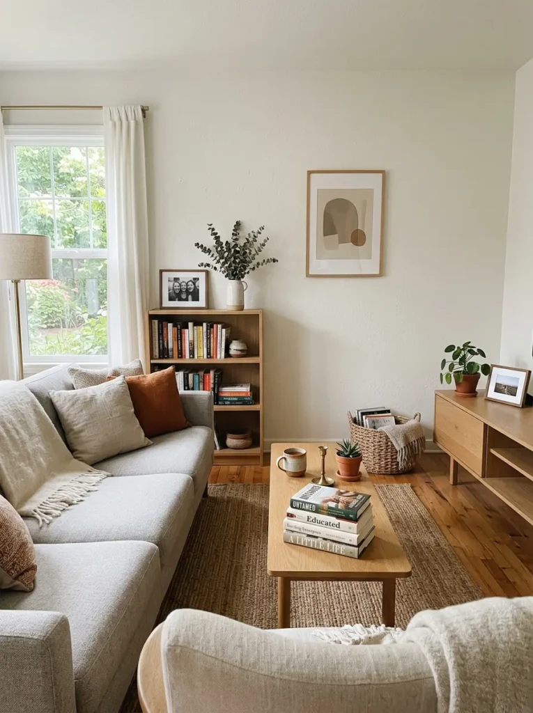 Minimalist living room with subtle personal touches like books and decor while maintaining simplicity