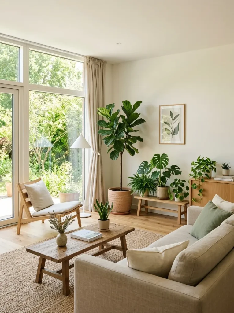 Elegant minimalist living room featuring green plants adding freshness and natural beauty