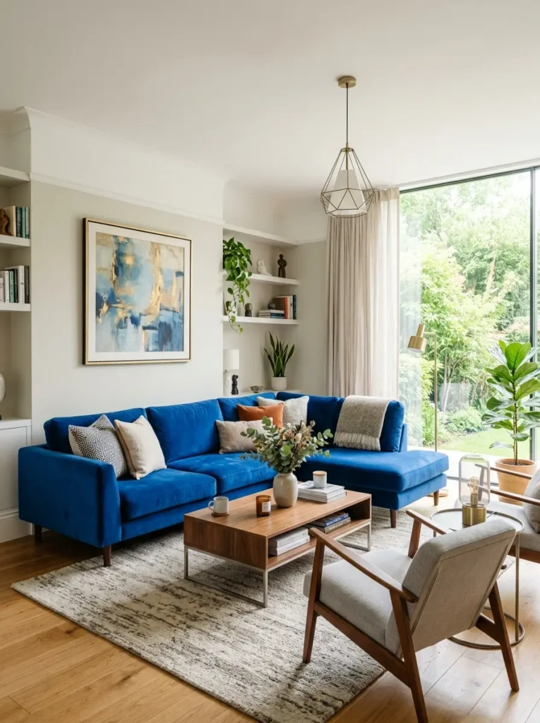 Contemporary living room featuring a vibrant blue sofa with neutral décor and modern styling