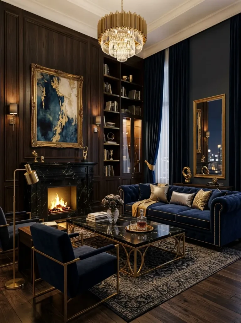 Luxurious living room with a navy blue velvet sofa, gold accents, and elegant furniture