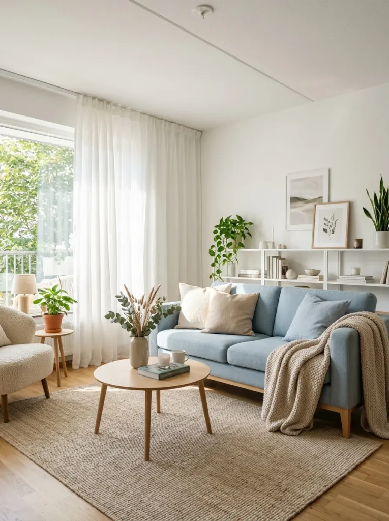 Airy living room with a light blue sofa, white walls, and soft natural lighting