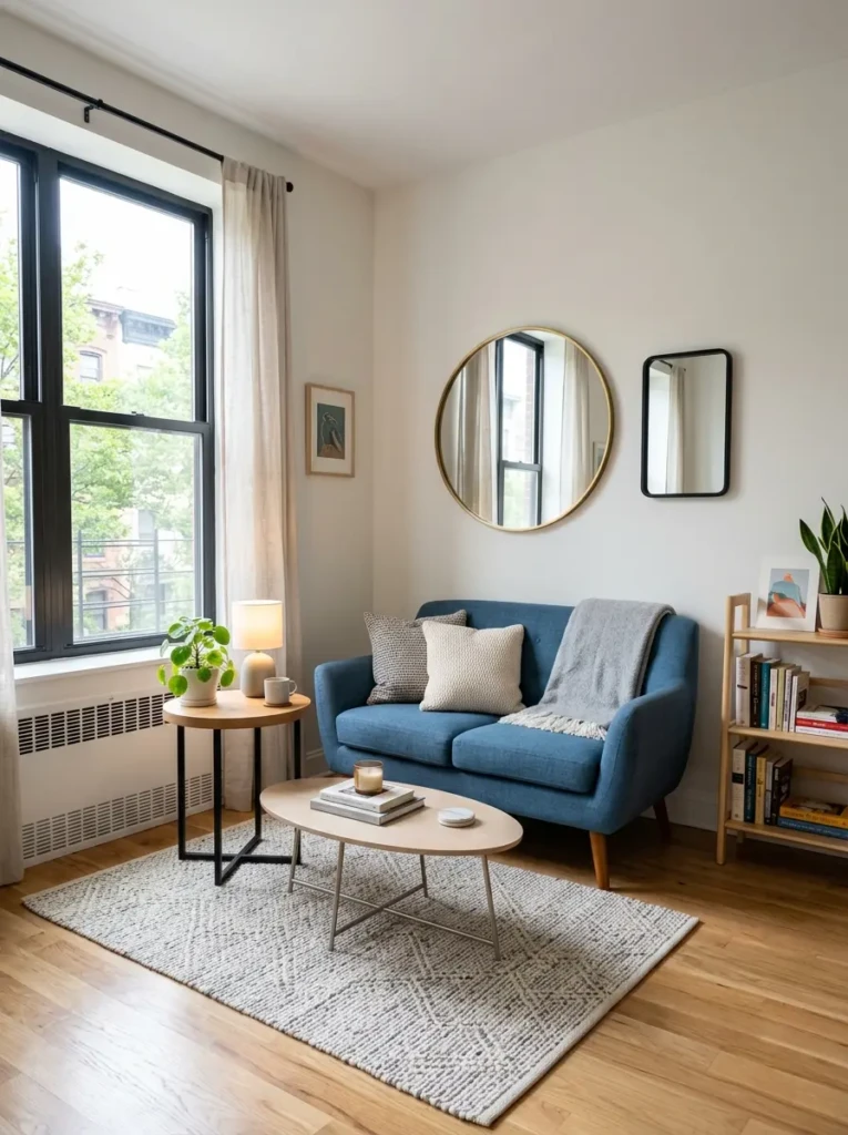 Compact living room with a blue loveseat, light walls, and space-enhancing décor