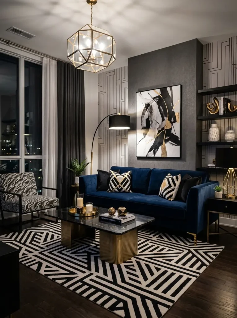 Elegant living room with a navy blue sofa, geometric accents, and metallic finishes