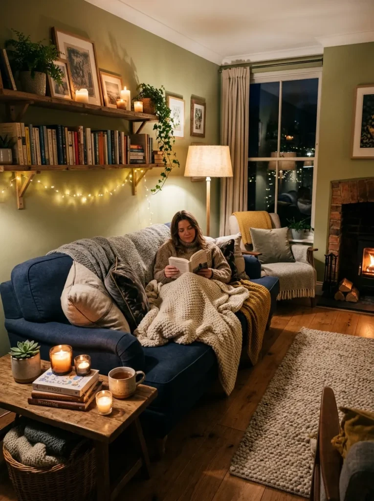 Warm and inviting living room with a blue sofa, soft blankets, and ambient lighting