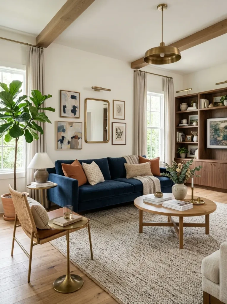 Beautifully styled living room with a blue sofa as the centerpiece and balanced décor