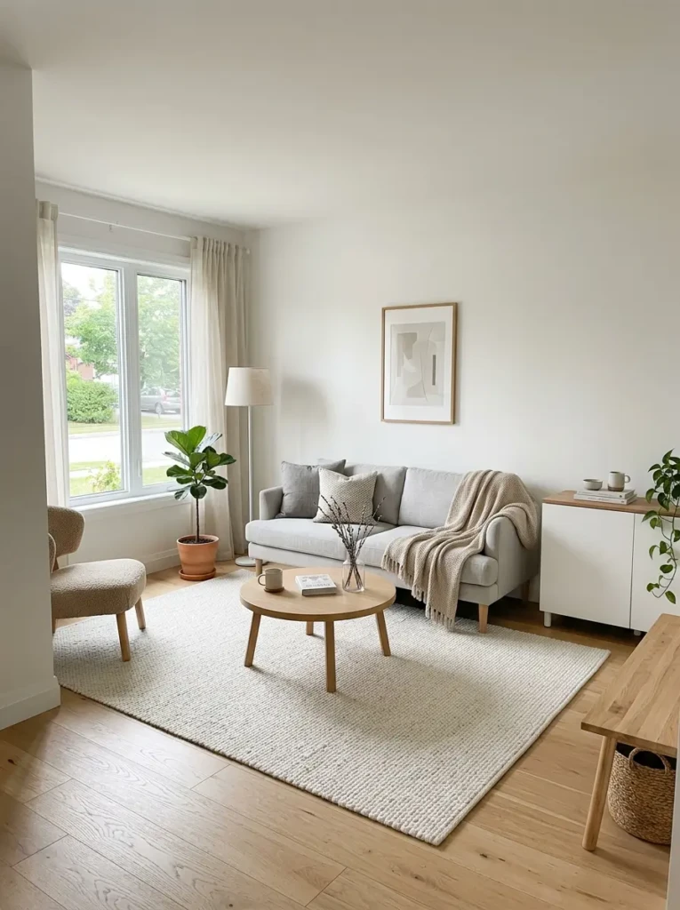 Small living room with light-colored rug creating an open and spacious feel