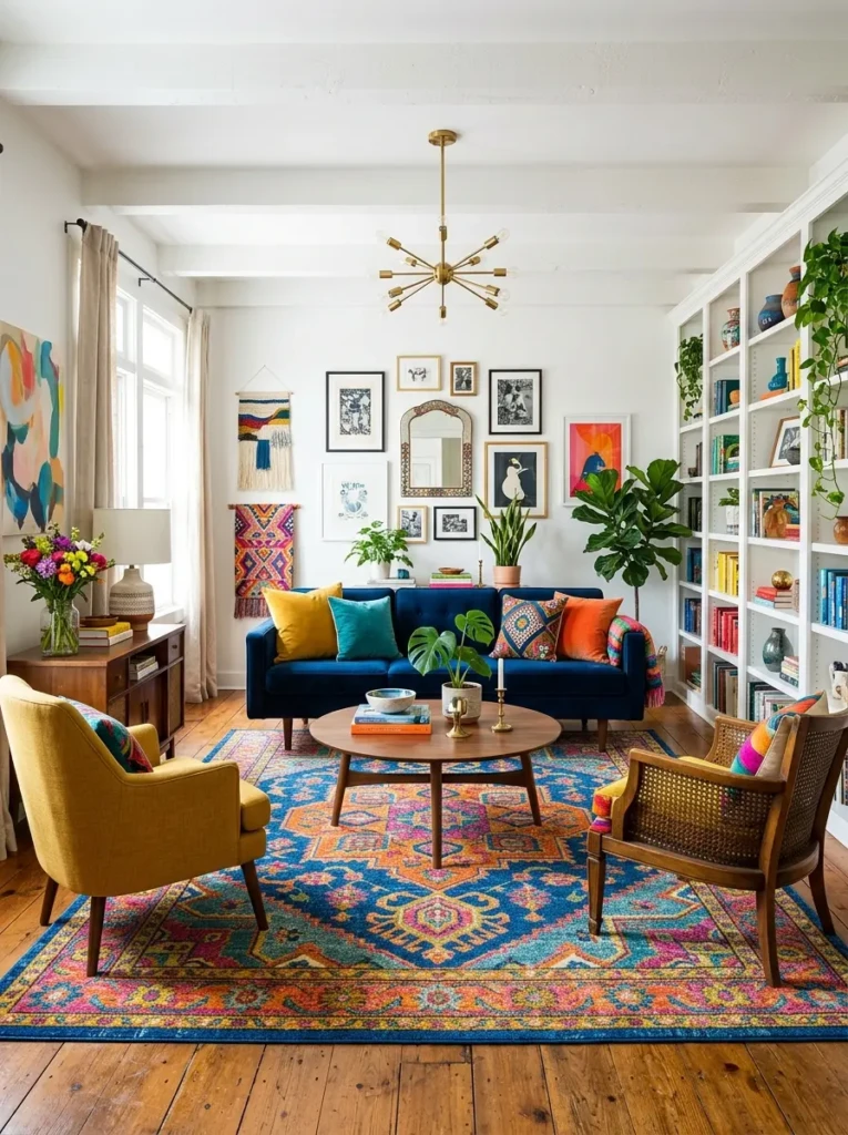 Vibrant living room featuring a bold patterned rug as a focal point