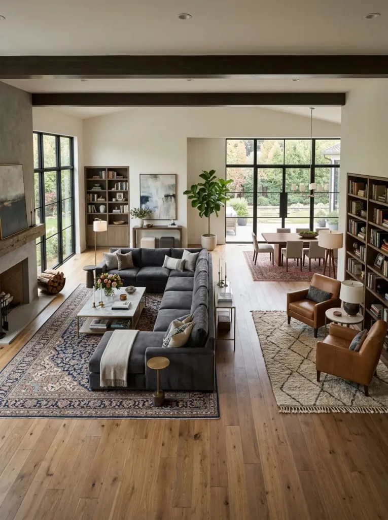 Spacious living room using multiple rugs to define seating and functional areas