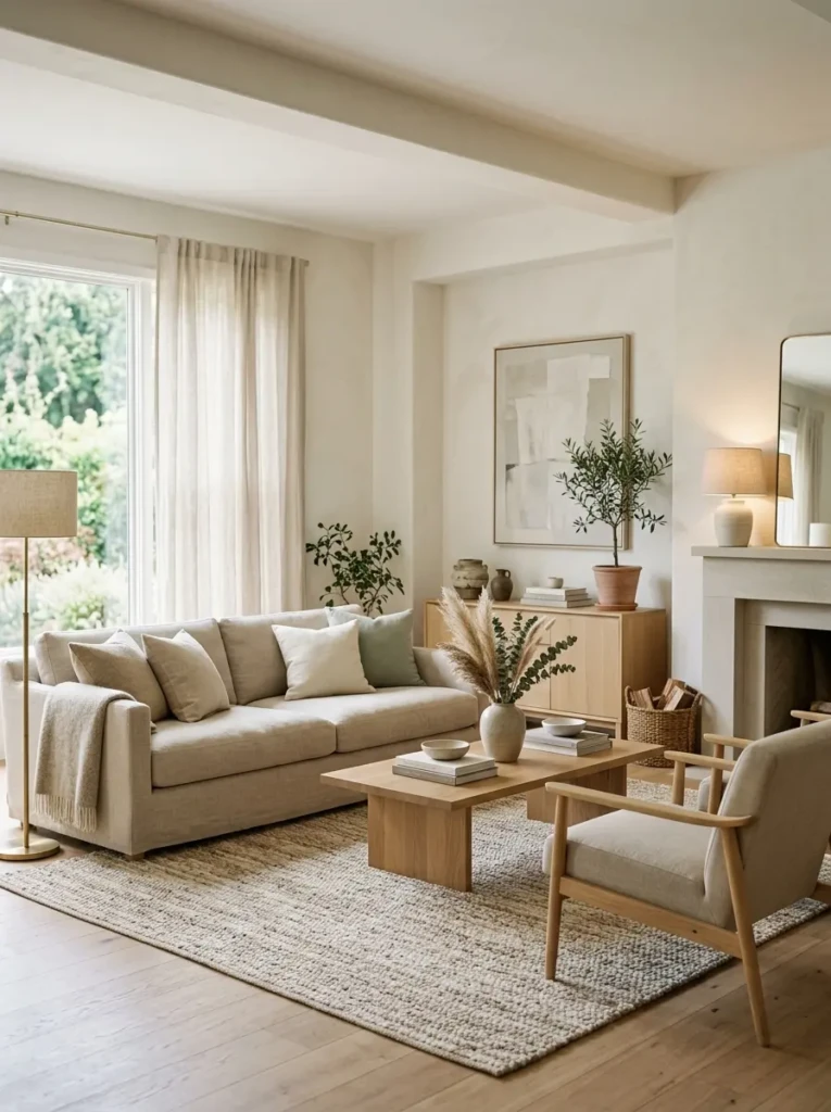 Elegant living room with neutral rug in soft tones creating a calm atmosphere