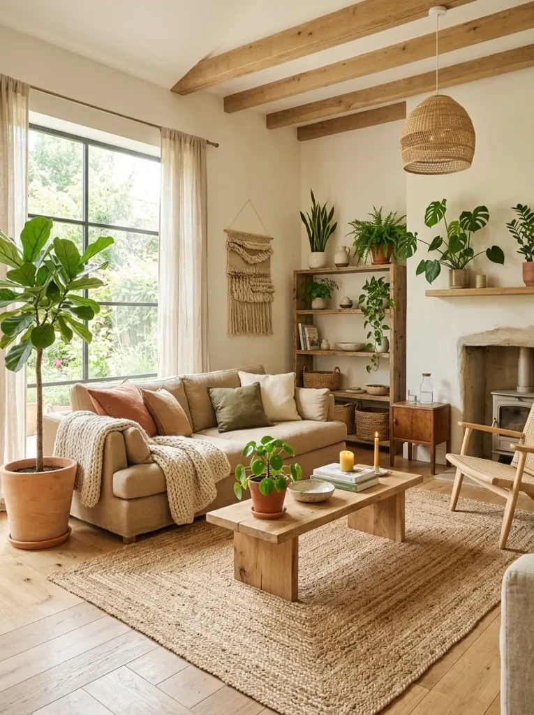 Living room with natural jute rug and sustainable decor elements