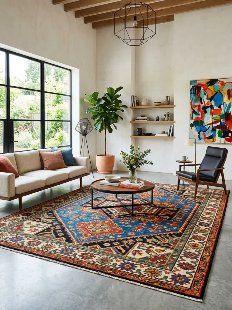 Living room with bold statement rug featuring vibrant colors and patterns