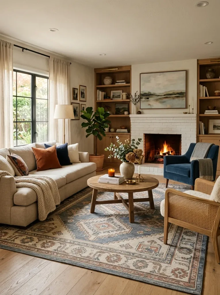 Beautifully designed living room with a perfect rug enhancing comfort and style