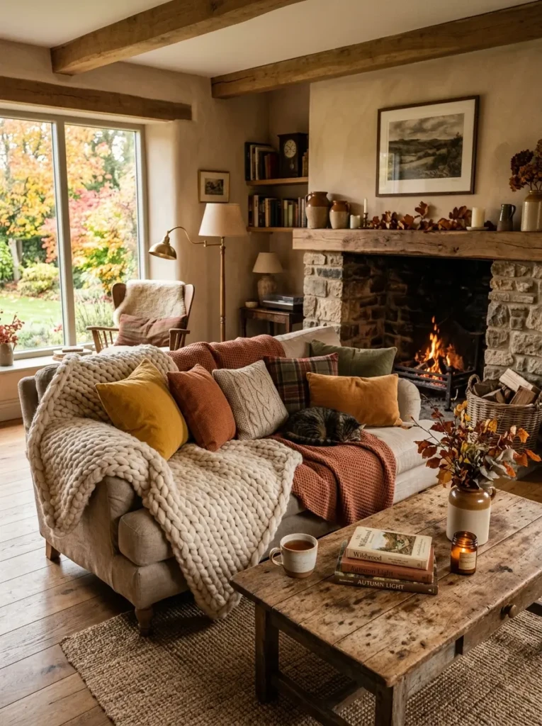 Rustic living room layered with knit blankets, cushions, and wooden furniture in warm autumn colors