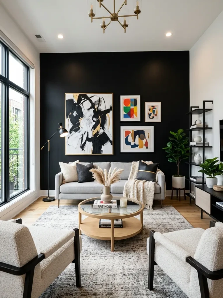 living room with bold black walls and light furniture creating a dramatic and modern focal point