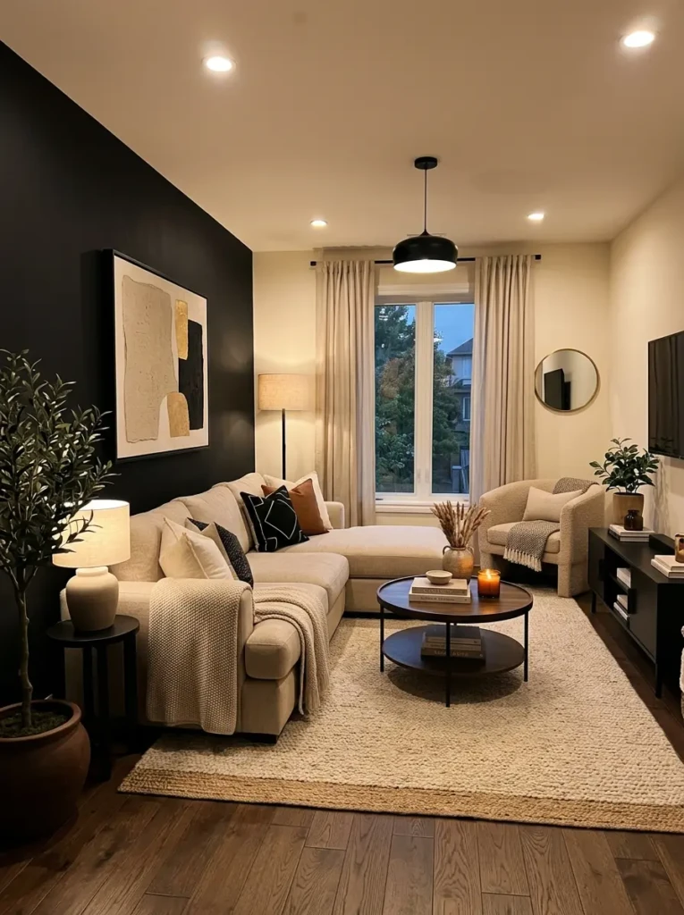 comparison of matte and glossy black finishes in a stylish living room with modern decor