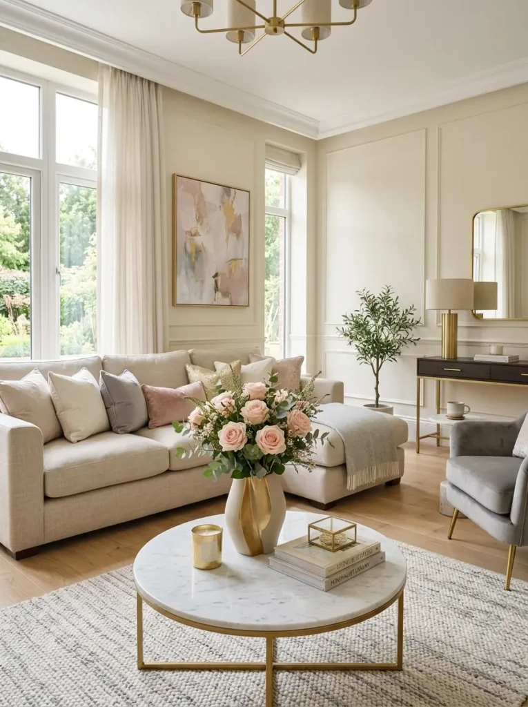 Elegant living room in beige and ivory tones with blush pink roses and gold accents creating a cohesive design