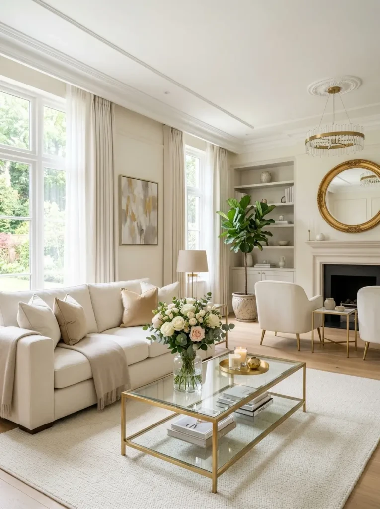 Bright elegant living room decor with cream sofa, gold accents, and a glass table featuring fresh roses in a vase