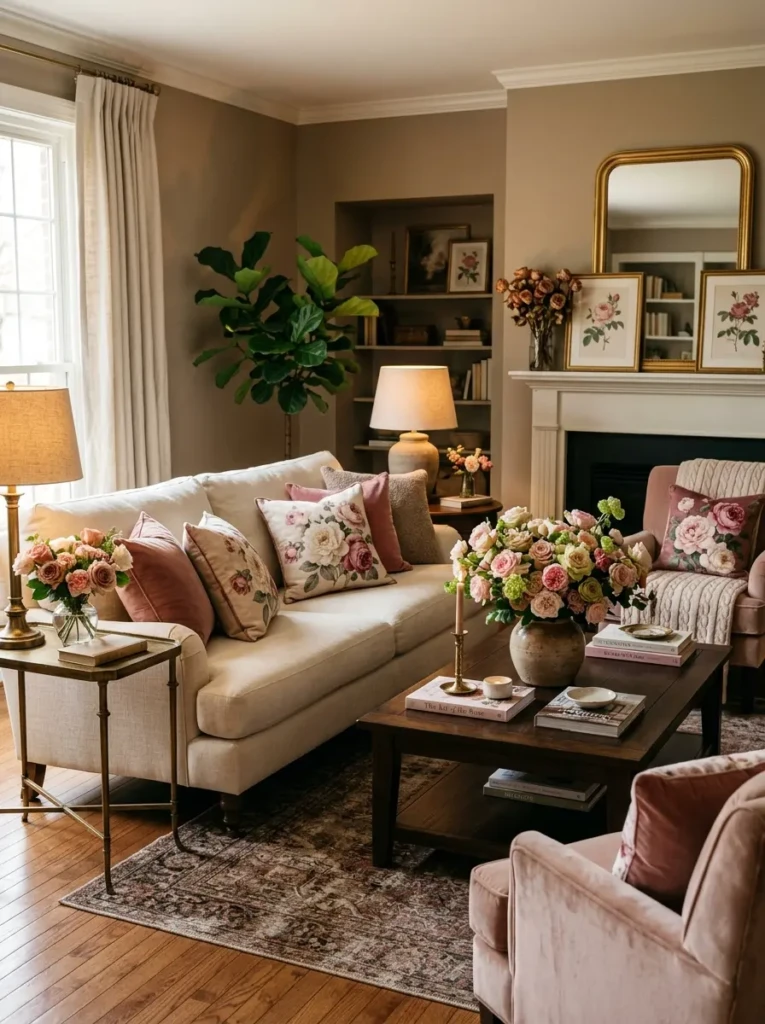 Living room featuring rose arrangements on tables and floral cushions enhancing elegant living room decor
