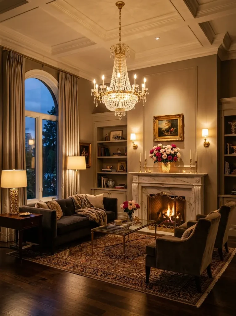 Living room with chandelier lighting casting a warm glow over rose arrangements and luxurious furniture