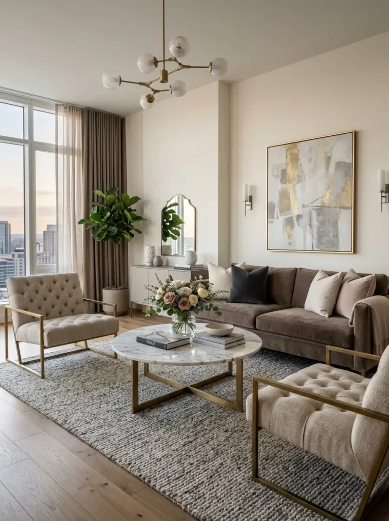 Stylish living room with velvet sofa, tufted chairs, marble table, and subtle rose centerpiece
