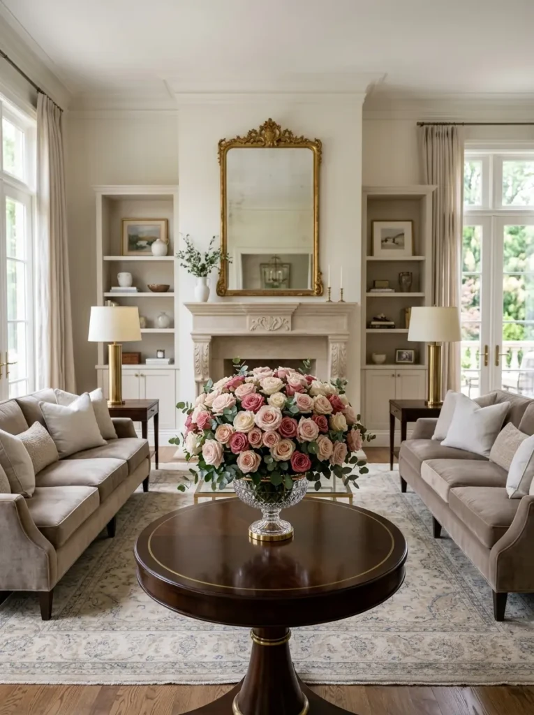 Elegant living room with a large rose arrangement on a coffee table acting as the main focal point