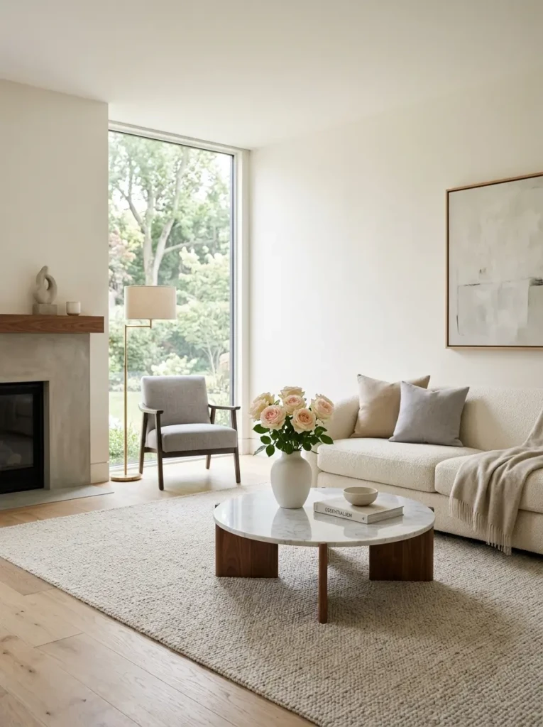 Clean and clutter-free elegant living room with simple furniture and a vase of fresh roses
