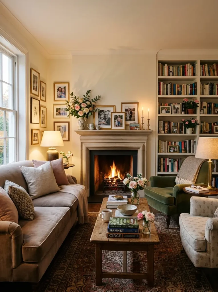 Cozy elegant living room with family photos, books, and roses creating a warm personalized space