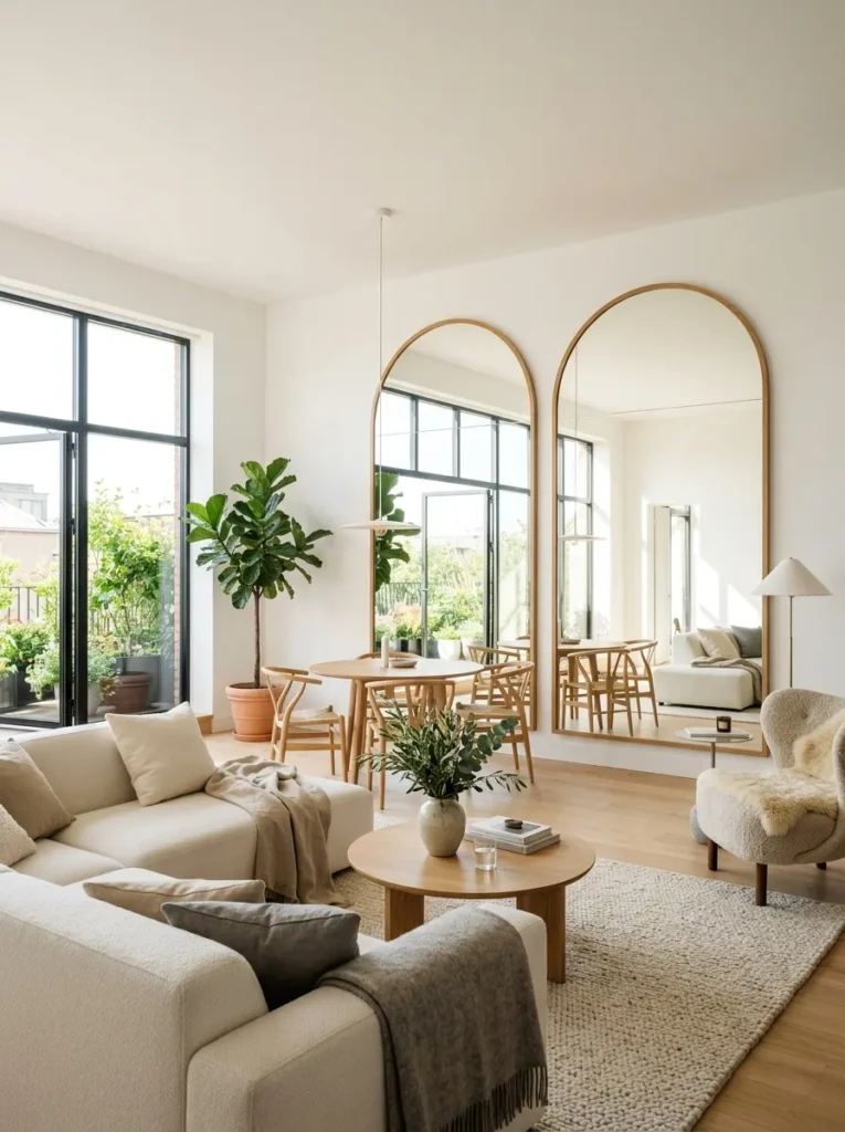 Modern living room with large mirrors reflecting natural light to create a bright and spacious atmosphere