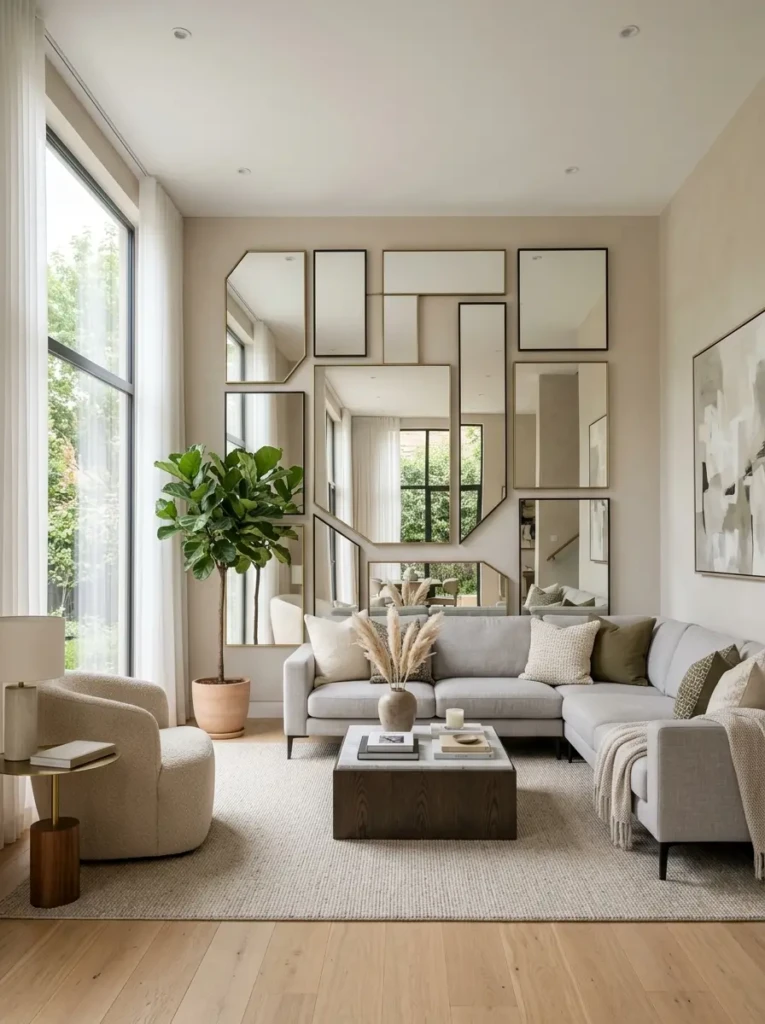 Stylish modern living room featuring elegant mirror wall decor with minimalist furniture and soft lighting
