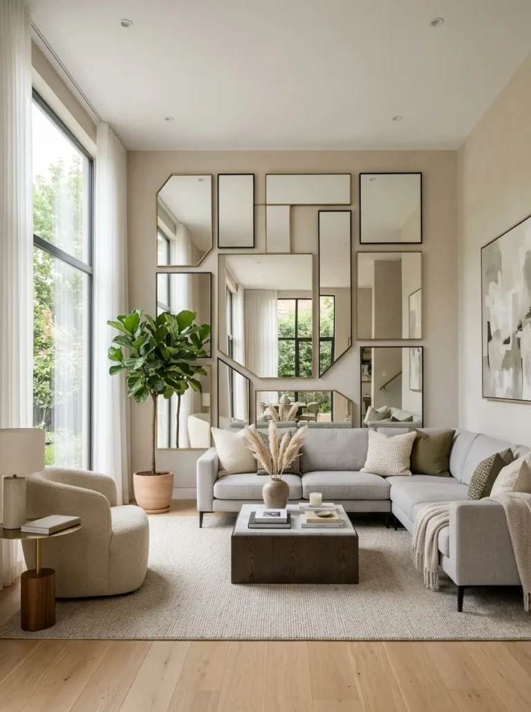 Stylish modern living room featuring elegant mirror wall decor with minimalist furniture and soft lighting