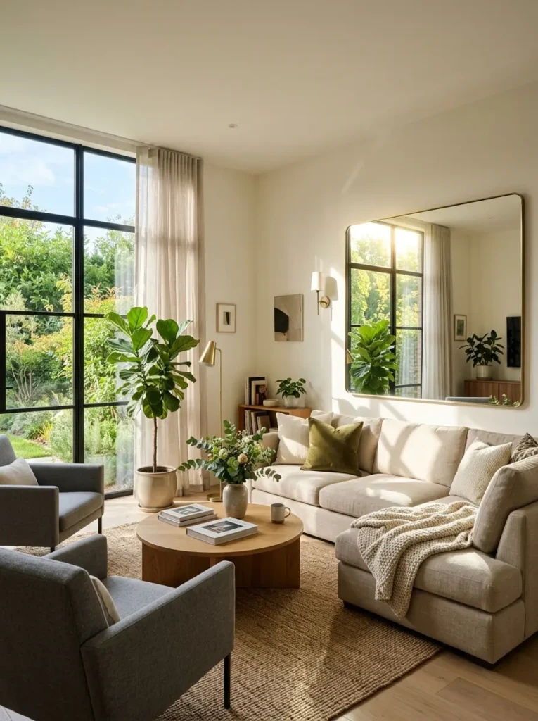 Living room with mirror placed opposite a window to reflect light and enhance space