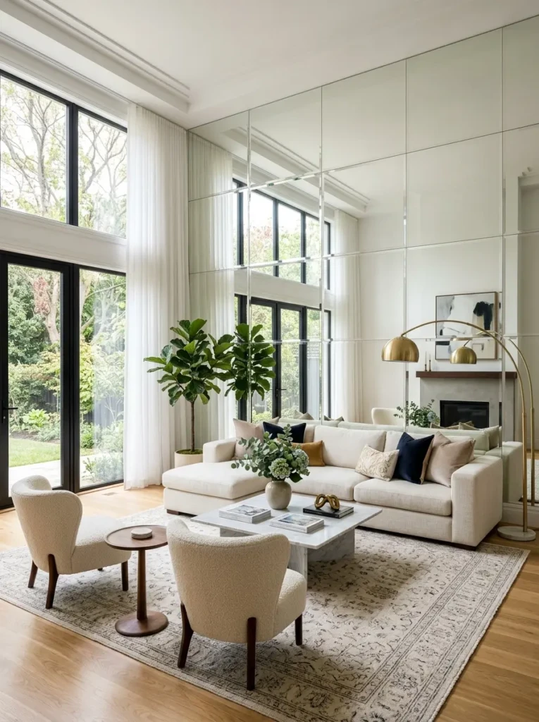Beautiful modern living room showcasing balanced mirror wall decor with elegant furniture