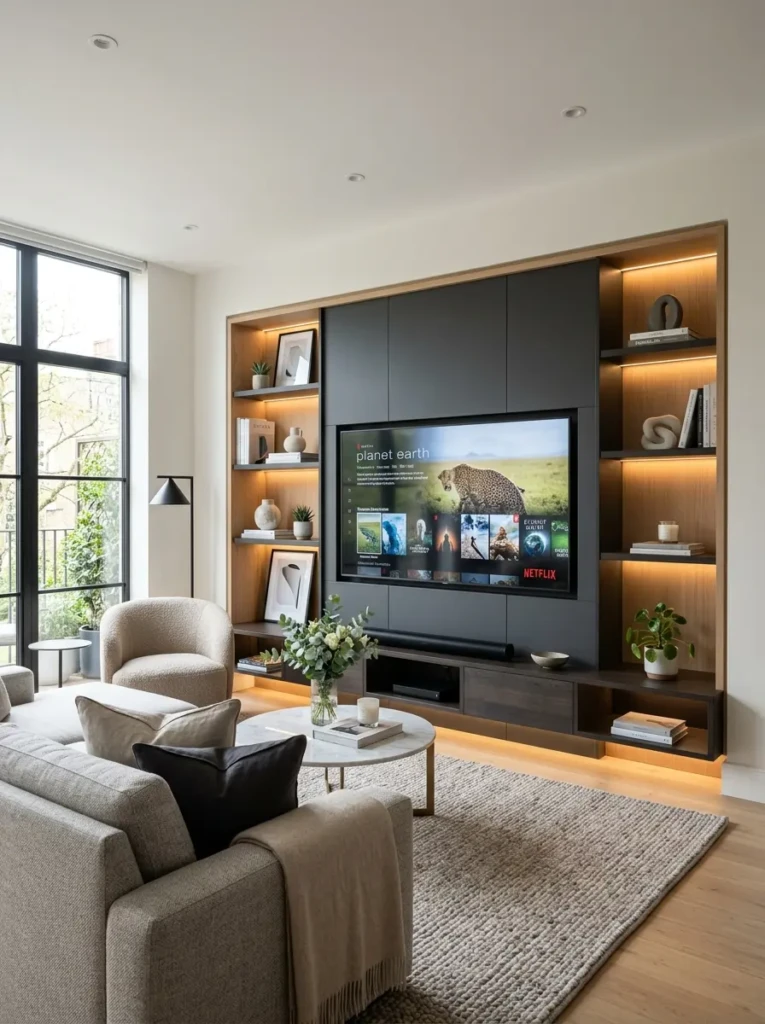 Stylish modern living room featuring a sleek media wall with built-in shelves and a large flat-screen TV