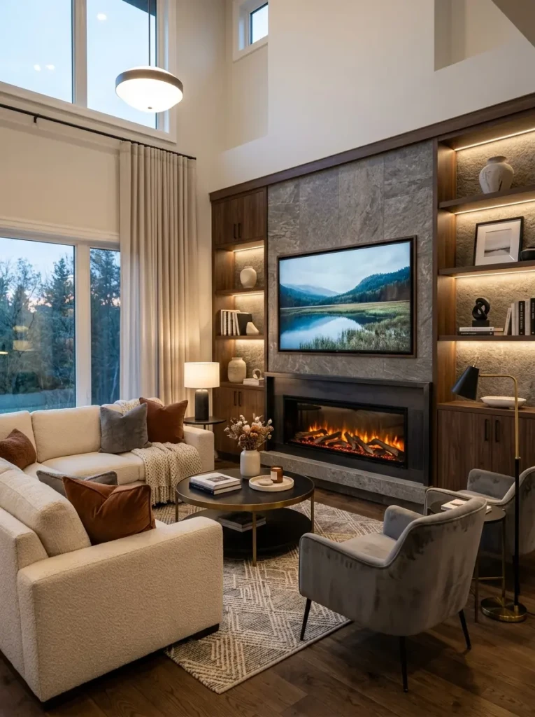 Cozy living room featuring a media wall with a TV mounted above a modern electric fireplace