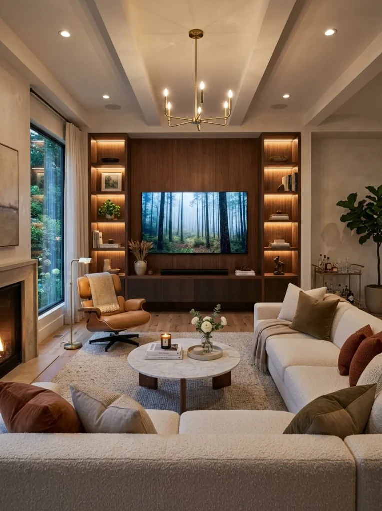 Beautifully designed living room featuring a balanced and elegant media wall with cozy lighting