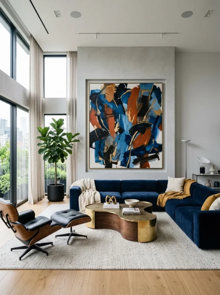 A modern living room showcasing a bold statement piece such as large artwork or a unique coffee table.