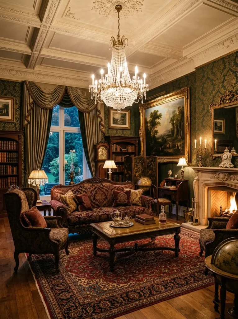 A classic living room with antique furniture, rich colors, and detailed decor reflecting traditional style.