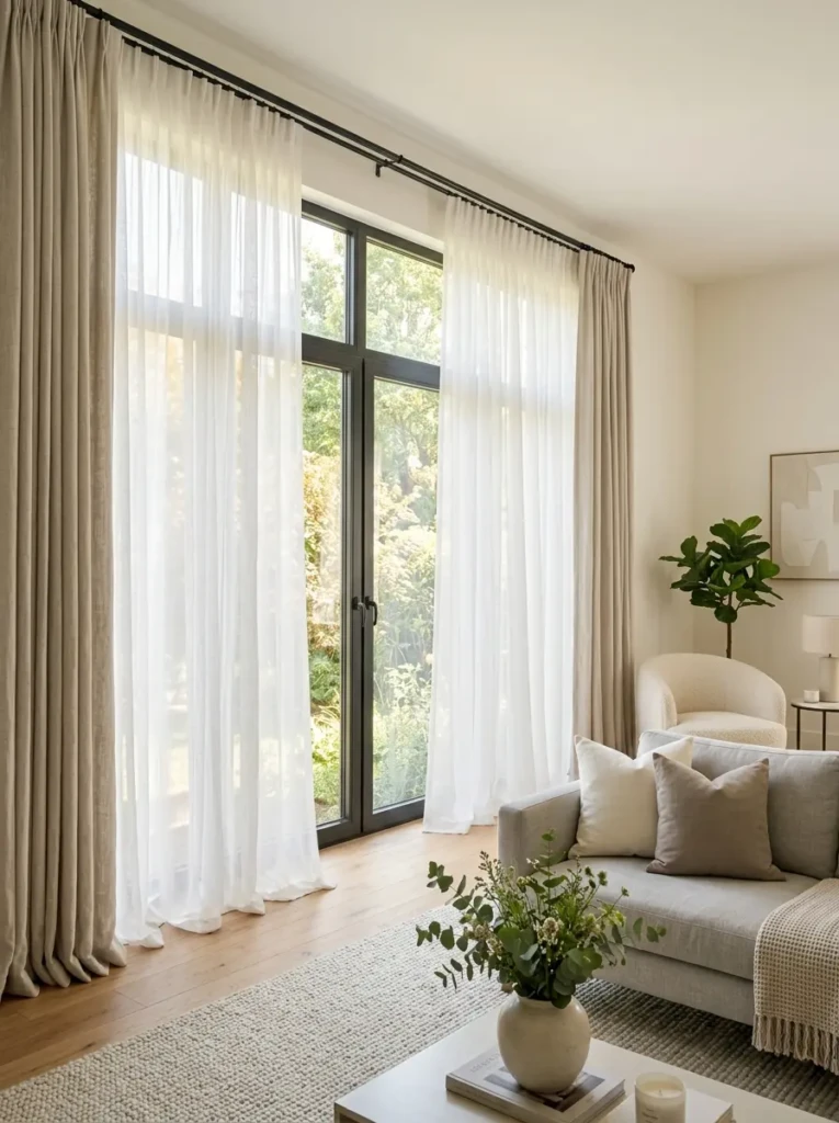 A bright living room with elegant curtains and sheer drapes allowing natural light inside.